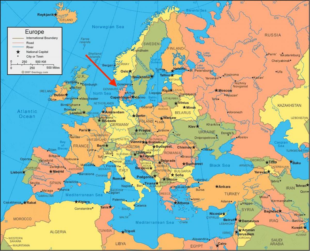 Ubicación de Dinamarca en el mapa de Europa del Norte