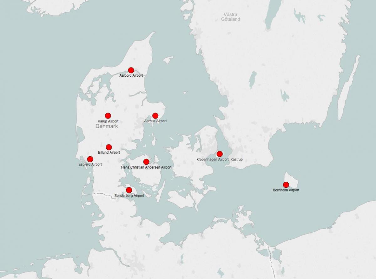 Mapa de los aeropuertos de Dinamarca