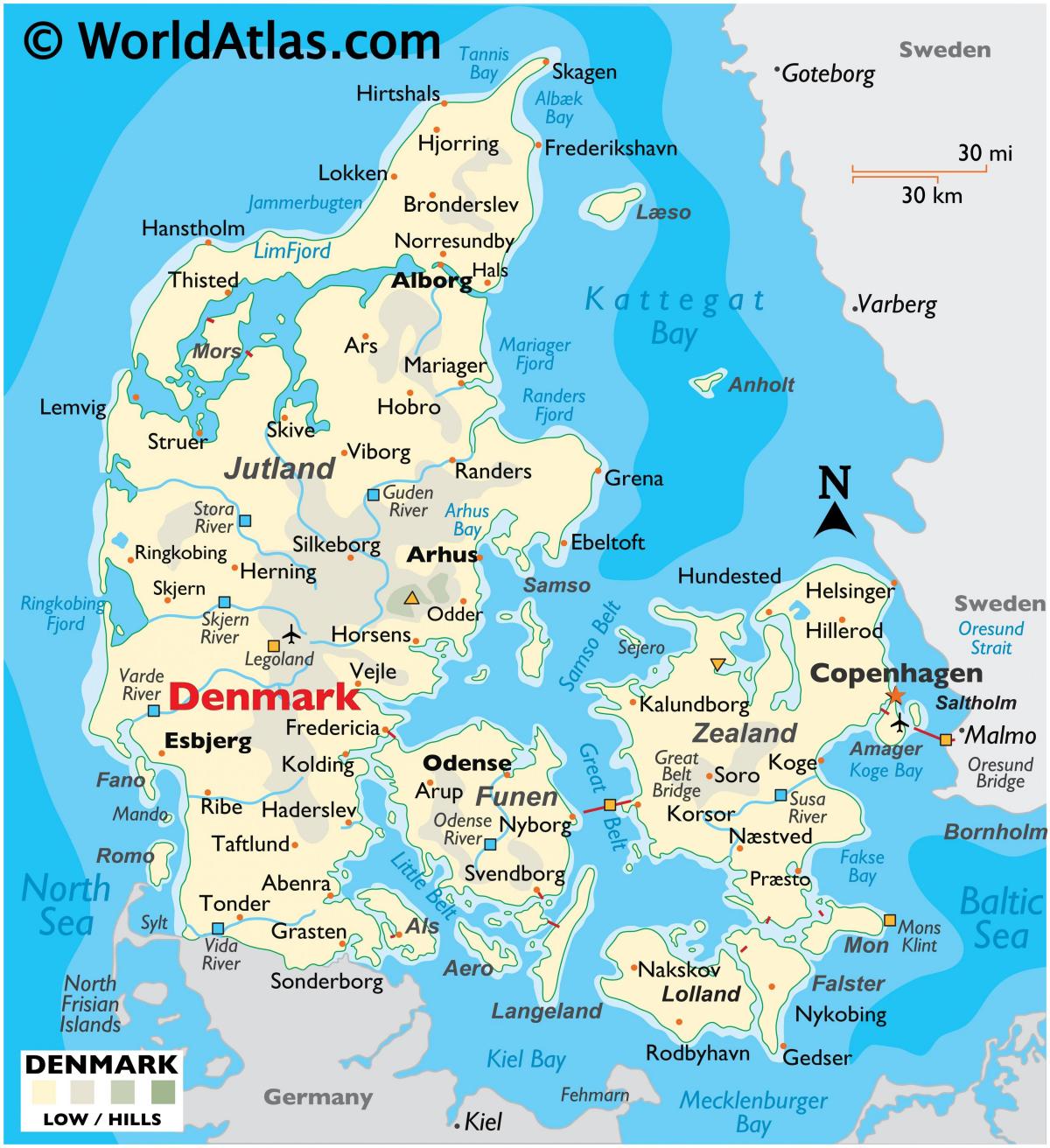 Mapa de los ríos en Dinamarca